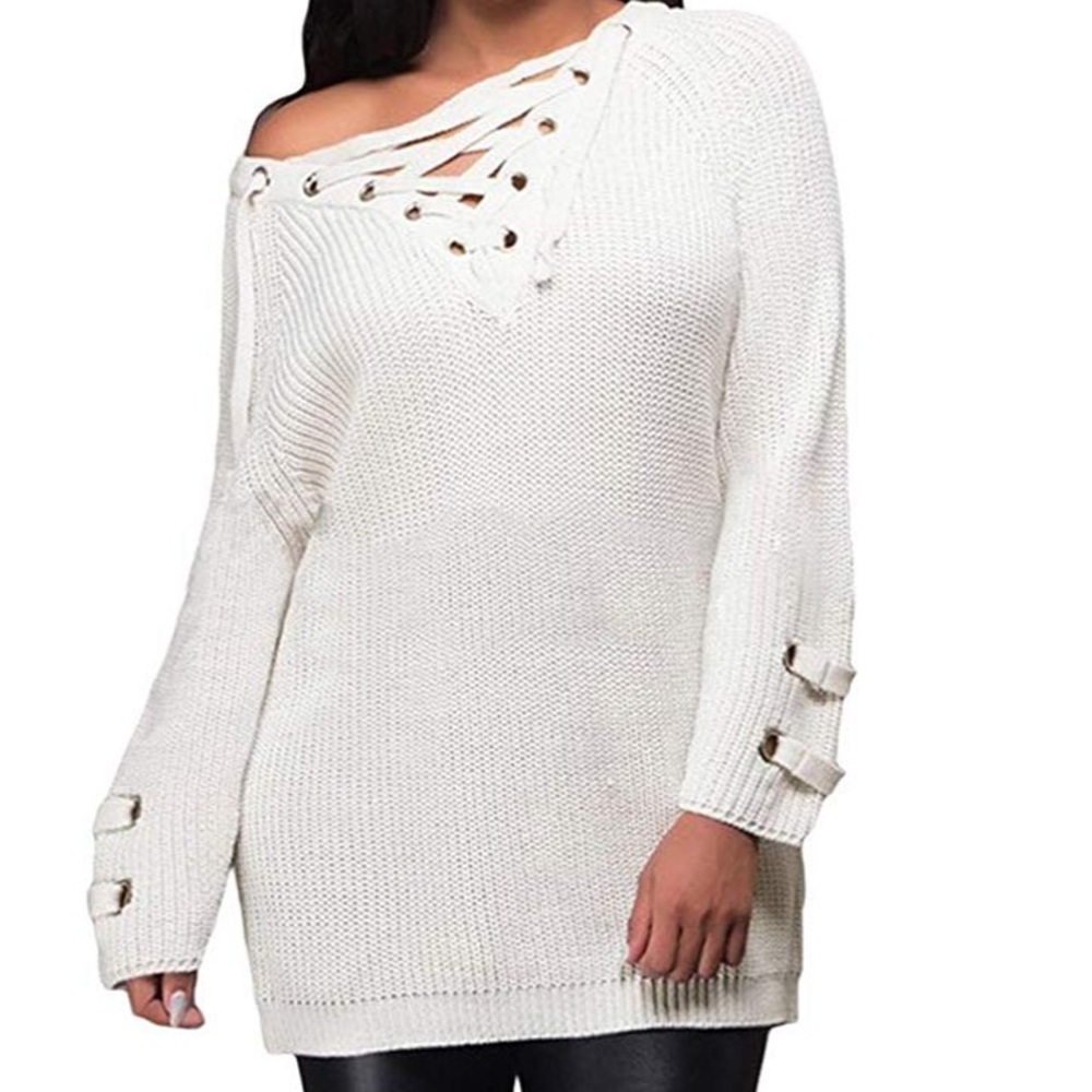 Beautiful women lace up sweater mini dress top - Picture 2 of 3